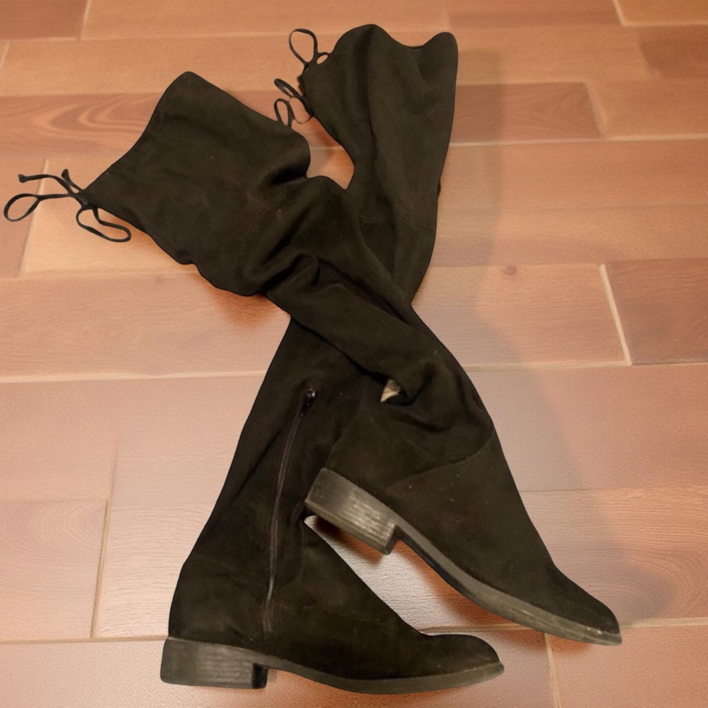 Tall Over-the-Knee Black & Gold Low Heel Boots